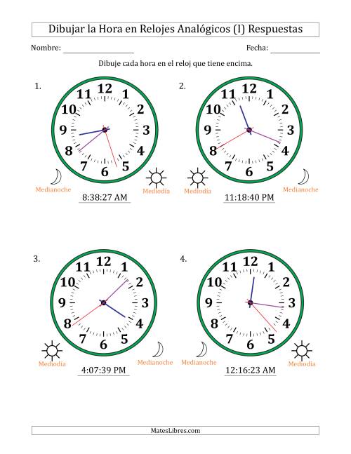 La hoja de ejercicios de Representar la Hora en Relojes Analógicos de 12 Horas en Intervalos de 1 Segundo (4 Relojes Grandes) (I) Página 2