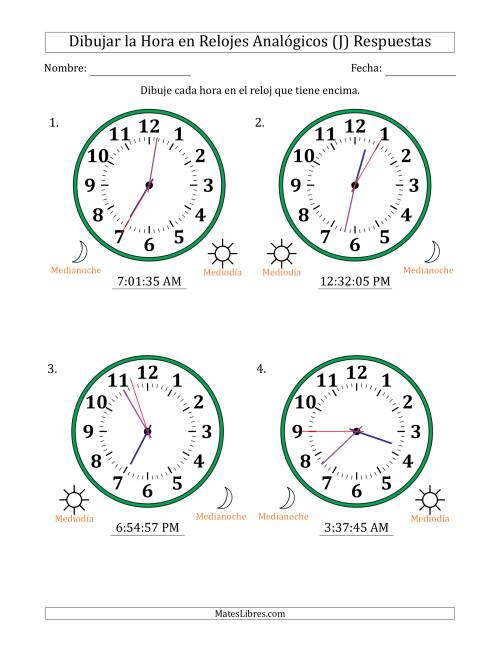 La hoja de ejercicios de Representar la Hora en Relojes Analógicos de 12 Horas en Intervalos de 1 Segundo (4 Relojes Grandes) (J) Página 2