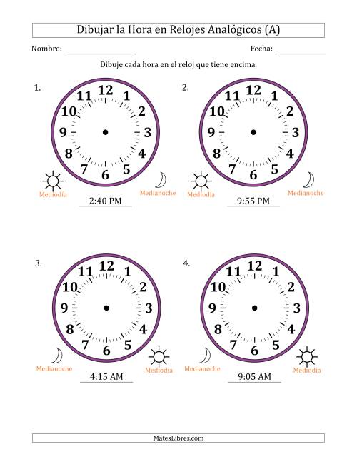 La hoja de ejercicios de Representar la Hora en Relojes Analógicos de 12 Horas en Intervalos de 5 Minuto (4 Relojes Grandes) (A)