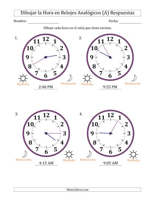 La hoja de ejercicios de Representar la Hora en Relojes Analógicos de 12 Horas en Intervalos de 5 Minuto (4 Relojes Grandes) (A) Página 2