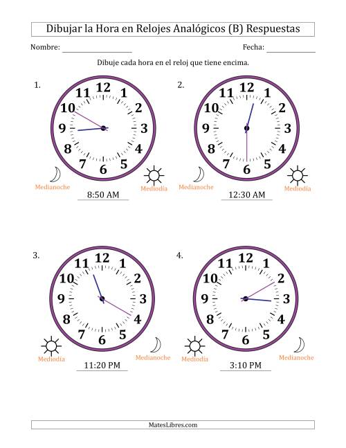 La hoja de ejercicios de Representar la Hora en Relojes Analógicos de 12 Horas en Intervalos de 5 Minuto (4 Relojes Grandes) (B) Página 2