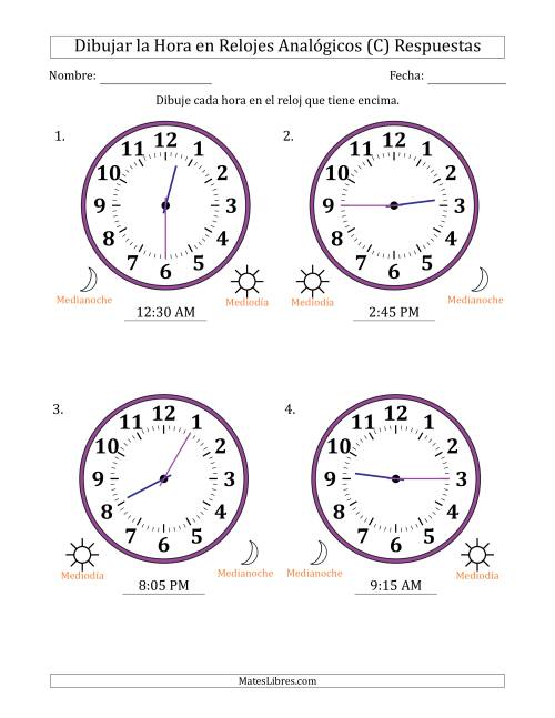 La hoja de ejercicios de Representar la Hora en Relojes Analógicos de 12 Horas en Intervalos de 5 Minuto (4 Relojes Grandes) (C) Página 2