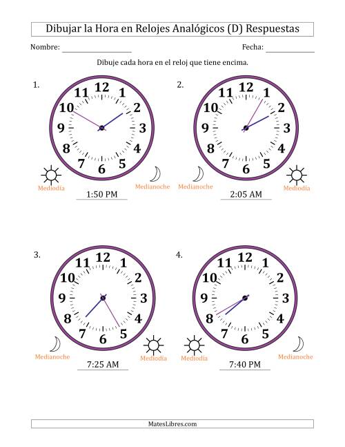 La hoja de ejercicios de Representar la Hora en Relojes Analógicos de 12 Horas en Intervalos de 5 Minuto (4 Relojes Grandes) (D) Página 2