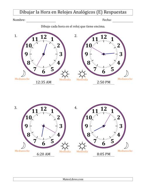 La hoja de ejercicios de Representar la Hora en Relojes Analógicos de 12 Horas en Intervalos de 5 Minuto (4 Relojes Grandes) (E) Página 2