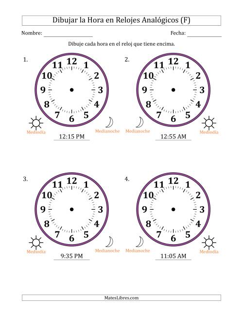 La hoja de ejercicios de Representar la Hora en Relojes Analógicos de 12 Horas en Intervalos de 5 Minuto (4 Relojes Grandes) (F)