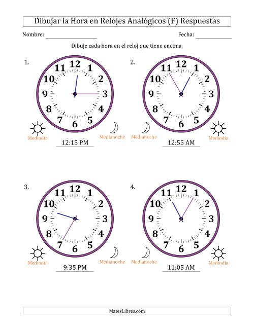 La hoja de ejercicios de Representar la Hora en Relojes Analógicos de 12 Horas en Intervalos de 5 Minuto (4 Relojes Grandes) (F) Página 2