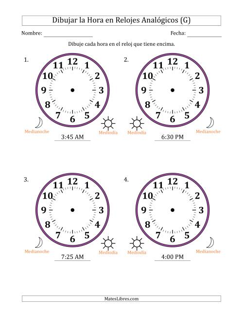 La hoja de ejercicios de Representar la Hora en Relojes Analógicos de 12 Horas en Intervalos de 5 Minuto (4 Relojes Grandes) (G)