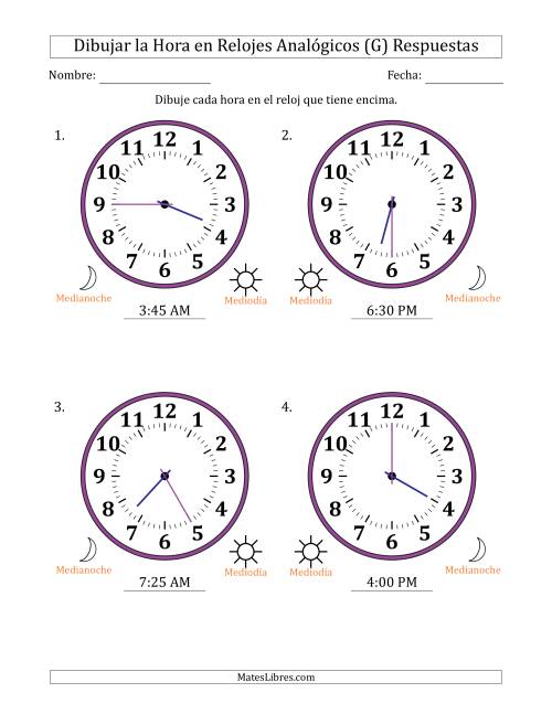 La hoja de ejercicios de Representar la Hora en Relojes Analógicos de 12 Horas en Intervalos de 5 Minuto (4 Relojes Grandes) (G) Página 2