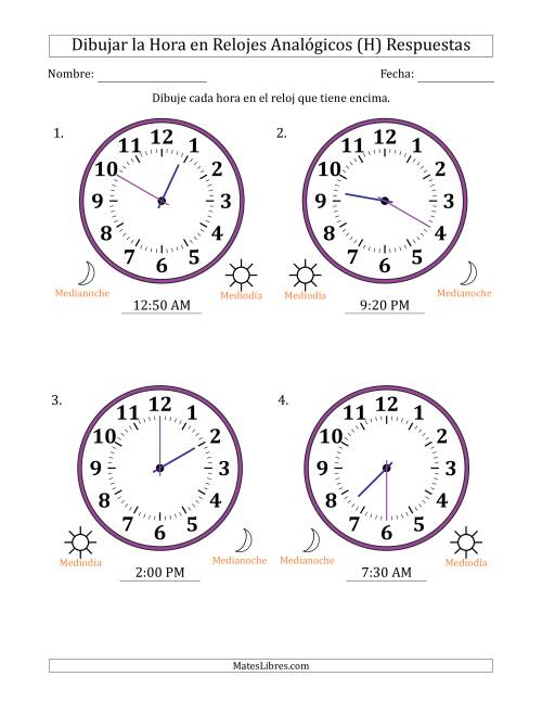 La hoja de ejercicios de Representar la Hora en Relojes Analógicos de 12 Horas en Intervalos de 5 Minuto (4 Relojes Grandes) (H) Página 2