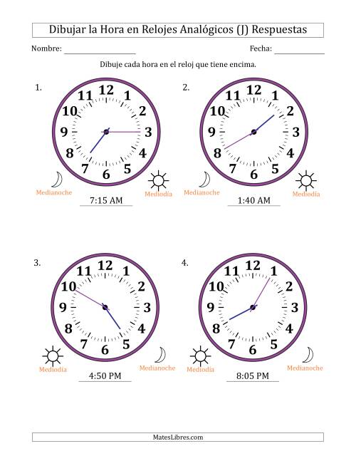 La hoja de ejercicios de Representar la Hora en Relojes Analógicos de 12 Horas en Intervalos de 5 Minuto (4 Relojes Grandes) (J) Página 2