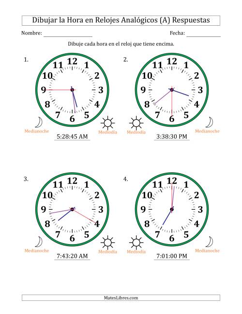 La hoja de ejercicios de Representar la Hora en Relojes Analógicos de 12 Horas en Intervalos de 5 Segundo (4 Relojes Grandes) (A) Página 2