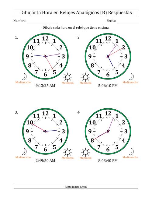 La hoja de ejercicios de Representar la Hora en Relojes Analógicos de 12 Horas en Intervalos de 5 Segundo (4 Relojes Grandes) (B) Página 2