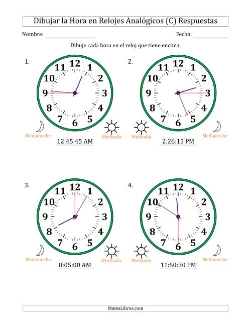 La hoja de ejercicios de Representar la Hora en Relojes Analógicos de 12 Horas en Intervalos de 5 Segundo (4 Relojes Grandes) (C) Página 2