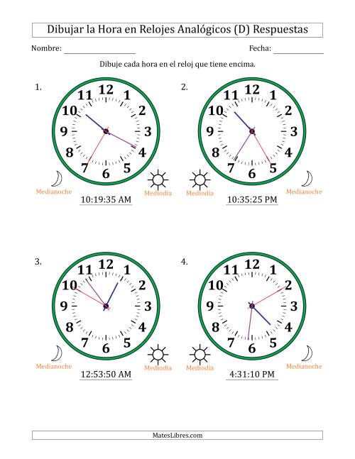 La hoja de ejercicios de Representar la Hora en Relojes Analógicos de 12 Horas en Intervalos de 5 Segundo (4 Relojes Grandes) (D) Página 2