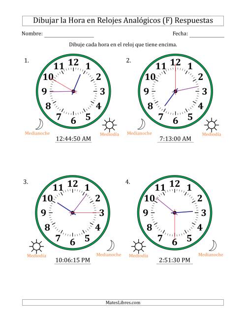 La hoja de ejercicios de Representar la Hora en Relojes Analógicos de 12 Horas en Intervalos de 5 Segundo (4 Relojes Grandes) (F) Página 2