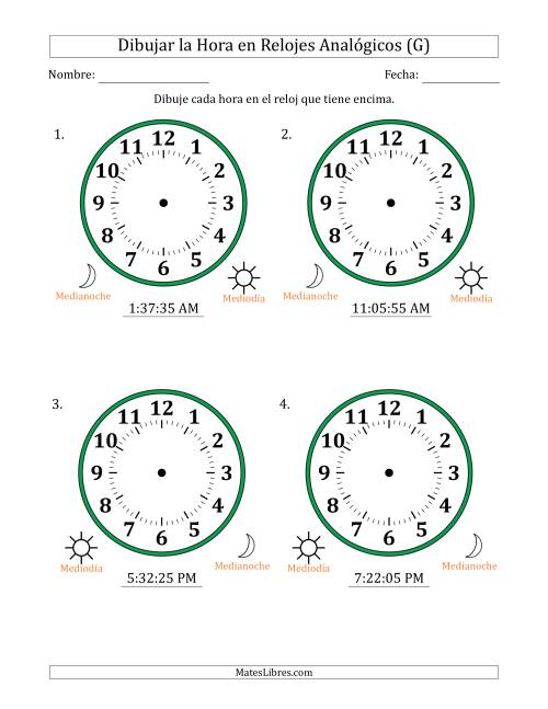 La hoja de ejercicios de Representar la Hora en Relojes Analógicos de 12 Horas en Intervalos de 5 Segundo (4 Relojes Grandes) (G)