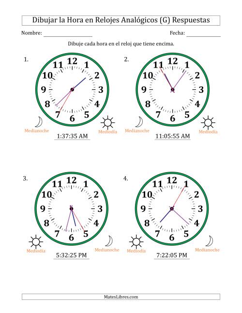 La hoja de ejercicios de Representar la Hora en Relojes Analógicos de 12 Horas en Intervalos de 5 Segundo (4 Relojes Grandes) (G) Página 2