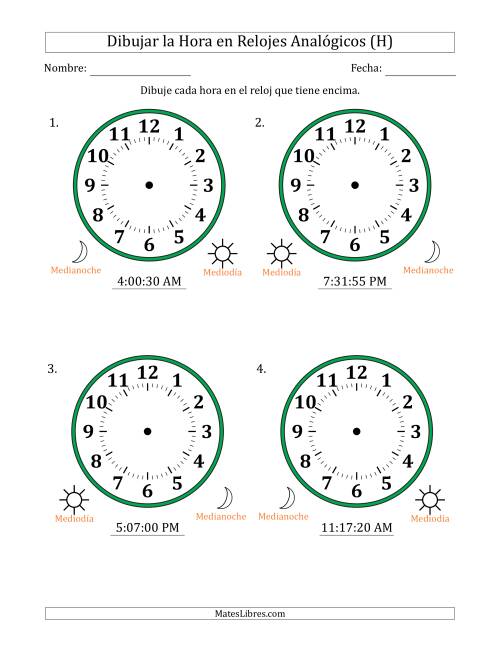 La hoja de ejercicios de Representar la Hora en Relojes Analógicos de 12 Horas en Intervalos de 5 Segundo (4 Relojes Grandes) (H)