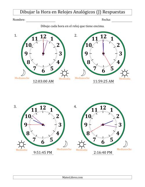 La hoja de ejercicios de Representar la Hora en Relojes Analógicos de 12 Horas en Intervalos de 5 Segundo (4 Relojes Grandes) (J) Página 2
