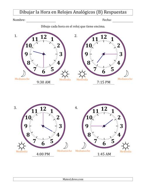La hoja de ejercicios de Representar la Hora en Relojes Analógicos de 12 Horas en Intervalos de 15 Minuto (4 Relojes Grandes) (B) Página 2
