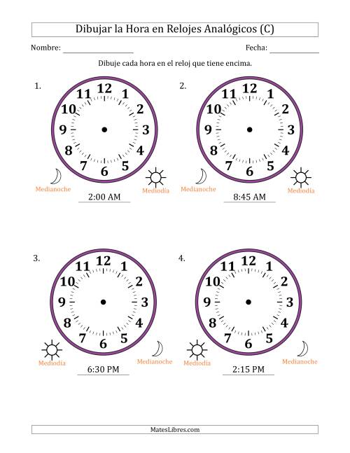 La hoja de ejercicios de Representar la Hora en Relojes Analógicos de 12 Horas en Intervalos de 15 Minuto (4 Relojes Grandes) (C)