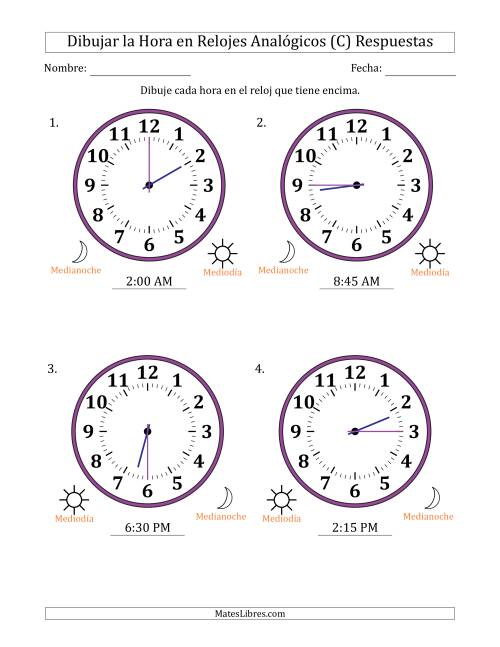 La hoja de ejercicios de Representar la Hora en Relojes Analógicos de 12 Horas en Intervalos de 15 Minuto (4 Relojes Grandes) (C) Página 2