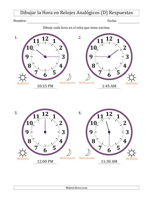 La hoja de ejercicios de Representar la Hora en Relojes Analógicos de 12 Horas en Intervalos de 15 Minuto (4 Relojes Grandes) (D) Página 2