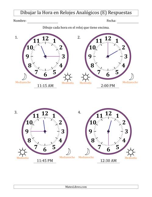 La hoja de ejercicios de Representar la Hora en Relojes Analógicos de 12 Horas en Intervalos de 15 Minuto (4 Relojes Grandes) (E) Página 2