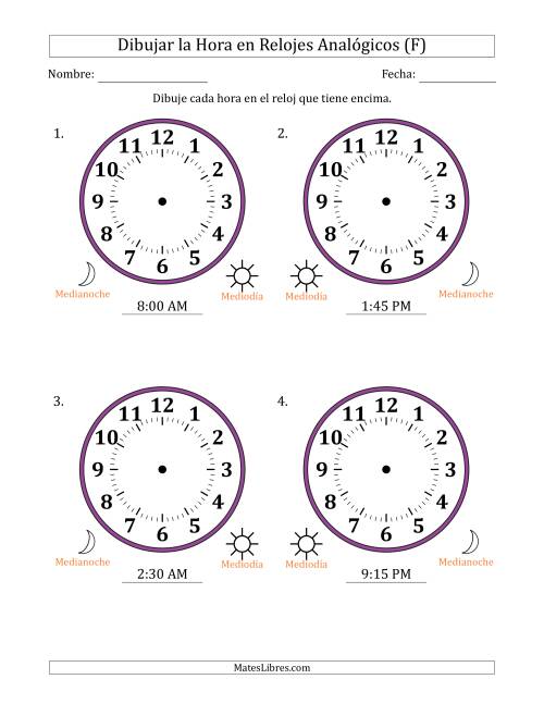 La hoja de ejercicios de Representar la Hora en Relojes Analógicos de 12 Horas en Intervalos de 15 Minuto (4 Relojes Grandes) (F)