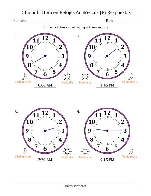 La hoja de ejercicios de Representar la Hora en Relojes Analógicos de 12 Horas en Intervalos de 15 Minuto (4 Relojes Grandes) (F) Página 2