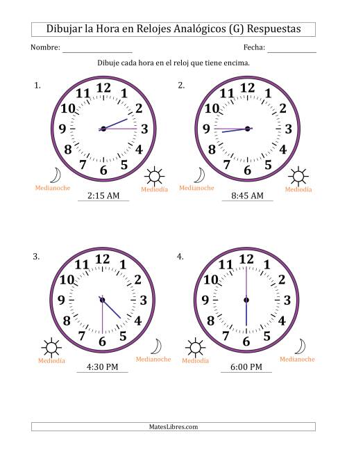 La hoja de ejercicios de Representar la Hora en Relojes Analógicos de 12 Horas en Intervalos de 15 Minuto (4 Relojes Grandes) (G) Página 2