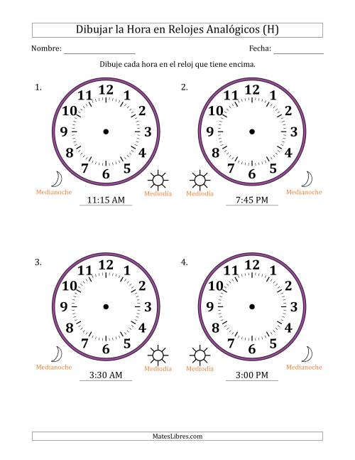 La hoja de ejercicios de Representar la Hora en Relojes Analógicos de 12 Horas en Intervalos de 15 Minuto (4 Relojes Grandes) (H)