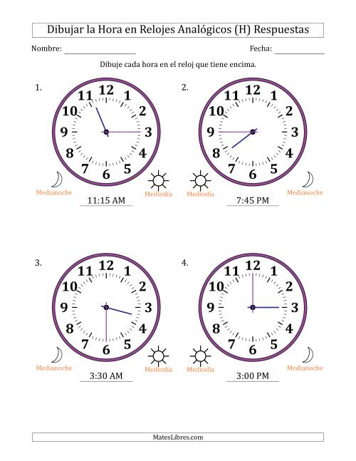 La hoja de ejercicios de Representar la Hora en Relojes Analógicos de 12 Horas en Intervalos de 15 Minuto (4 Relojes Grandes) (H) Página 2