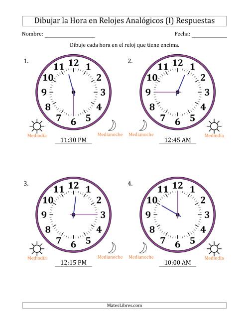 La hoja de ejercicios de Representar la Hora en Relojes Analógicos de 12 Horas en Intervalos de 15 Minuto (4 Relojes Grandes) (I) Página 2