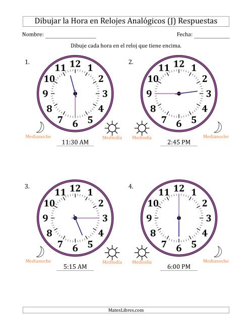 La hoja de ejercicios de Representar la Hora en Relojes Analógicos de 12 Horas en Intervalos de 15 Minuto (4 Relojes Grandes) (J) Página 2