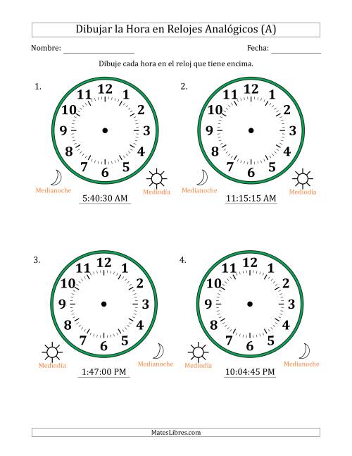 La hoja de ejercicios de Representar la Hora en Relojes Analógicos de 12 Horas en Intervalos de 15 Segundo (4 Relojes Grandes) (A)