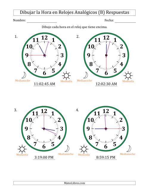 La hoja de ejercicios de Representar la Hora en Relojes Analógicos de 12 Horas en Intervalos de 15 Segundo (4 Relojes Grandes) (B) Página 2
