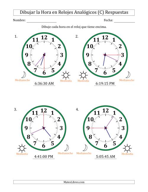 La hoja de ejercicios de Representar la Hora en Relojes Analógicos de 12 Horas en Intervalos de 15 Segundo (4 Relojes Grandes) (C) Página 2