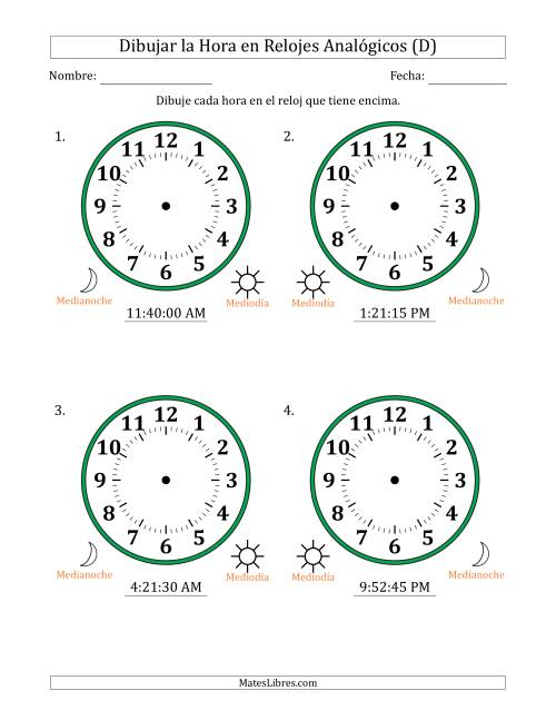 La hoja de ejercicios de Representar la Hora en Relojes Analógicos de 12 Horas en Intervalos de 15 Segundo (4 Relojes Grandes) (D)