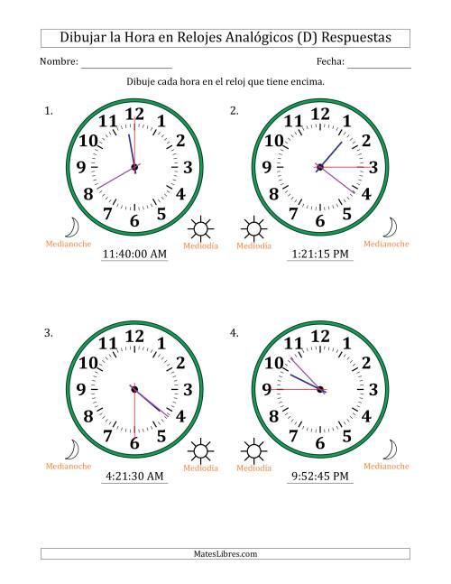 La hoja de ejercicios de Representar la Hora en Relojes Analógicos de 12 Horas en Intervalos de 15 Segundo (4 Relojes Grandes) (D) Página 2