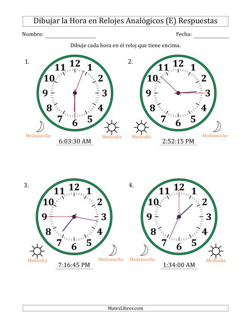 La hoja de ejercicios de Representar la Hora en Relojes Analógicos de 12 Horas en Intervalos de 15 Segundo (4 Relojes Grandes) (E) Página 2