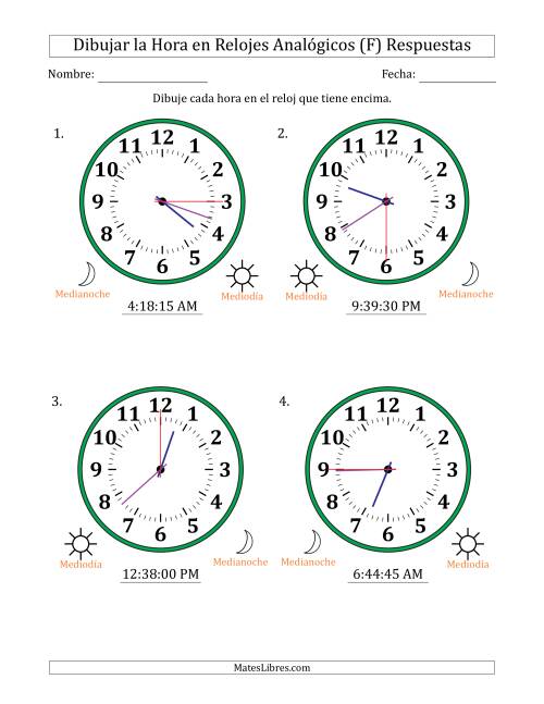 La hoja de ejercicios de Representar la Hora en Relojes Analógicos de 12 Horas en Intervalos de 15 Segundo (4 Relojes Grandes) (F) Página 2