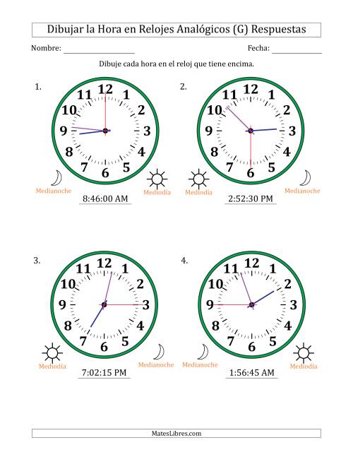 La hoja de ejercicios de Representar la Hora en Relojes Analógicos de 12 Horas en Intervalos de 15 Segundo (4 Relojes Grandes) (G) Página 2