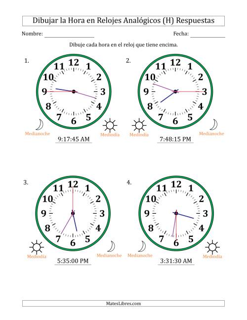 La hoja de ejercicios de Representar la Hora en Relojes Analógicos de 12 Horas en Intervalos de 15 Segundo (4 Relojes Grandes) (H) Página 2
