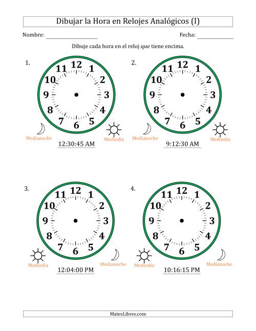 La hoja de ejercicios de Representar la Hora en Relojes Analógicos de 12 Horas en Intervalos de 15 Segundo (4 Relojes Grandes) (I)