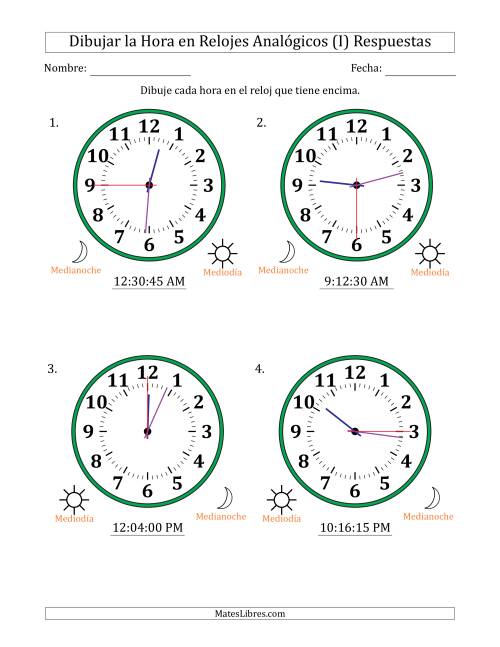 La hoja de ejercicios de Representar la Hora en Relojes Analógicos de 12 Horas en Intervalos de 15 Segundo (4 Relojes Grandes) (I) Página 2