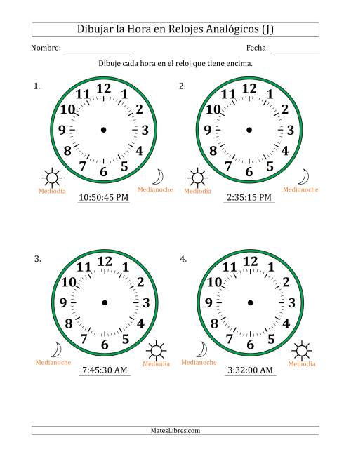 La hoja de ejercicios de Representar la Hora en Relojes Analógicos de 12 Horas en Intervalos de 15 Segundo (4 Relojes Grandes) (J)