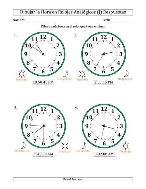 La hoja de ejercicios de Representar la Hora en Relojes Analógicos de 12 Horas en Intervalos de 15 Segundo (4 Relojes Grandes) (J) Página 2