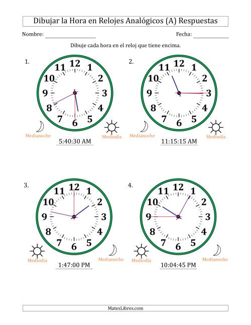 La hoja de ejercicios de Representar la Hora en Relojes Analógicos de 12 Horas en Intervalos de 15 Segundo (4 Relojes Grandes) (Todas) Página 2