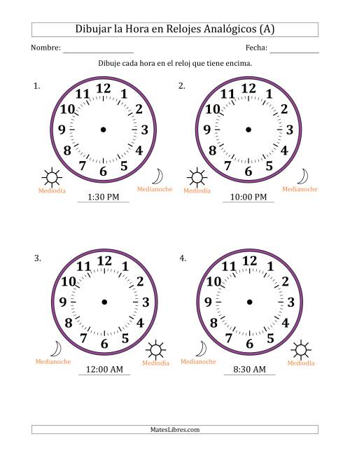 La hoja de ejercicios de Representar la Hora en Relojes Analógicos de 12 Horas en Intervalos de 30 Minuto (4 Relojes Grandes) (A)